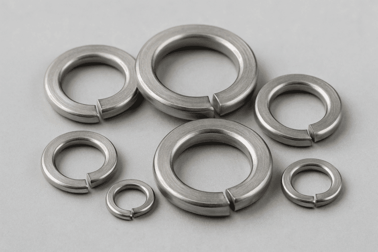 Stainless steel spring washers with anti-vibration and corrosion resistant features for industrial use. High-performance spring lock washers for vibration control in machinery, spring steel washers for heavy-duty machinery and load-bearing use