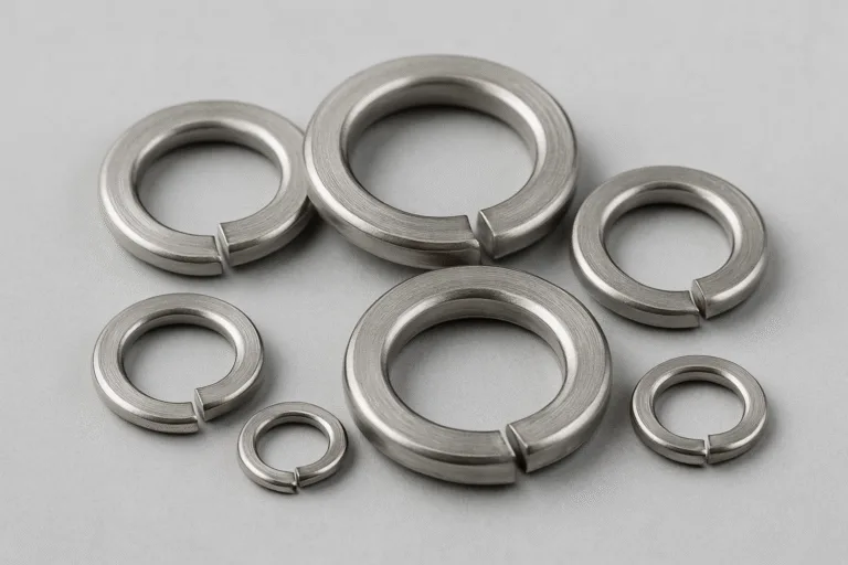 Stainless steel spring washers with anti-vibration and corrosion resistant features for industrial use. High-performance spring lock washers for vibration control in machinery, spring steel washers for heavy-duty machinery and load-bearing use
