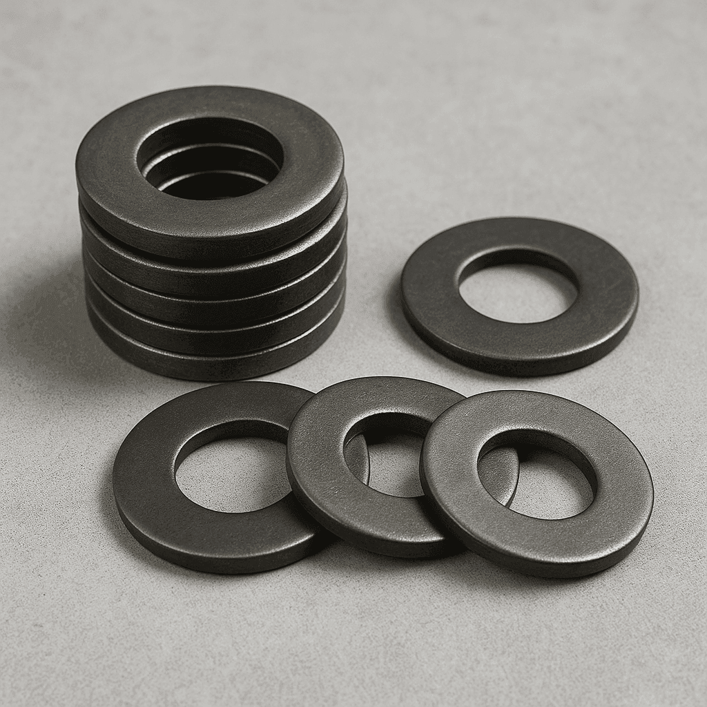 Stack of heavy duty washers used for structural fastening and high load applications, best washers manufacturer in India, heavy-duty flat washers for machinery use, heavy-duty flat washers for high-stress applications washers