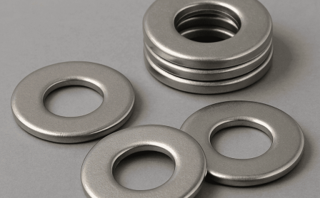 Stainless steel flat washers used in industrial machinery for corrosion resistance and load distribution. Best washers manufacturer in India