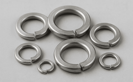 Stainless steel spring washers with anti-vibration and corrosion resistant features for industrial use. High-performance spring lock washers for vibration control in machinery, spring steel washers for heavy-duty machinery and load-bearing use